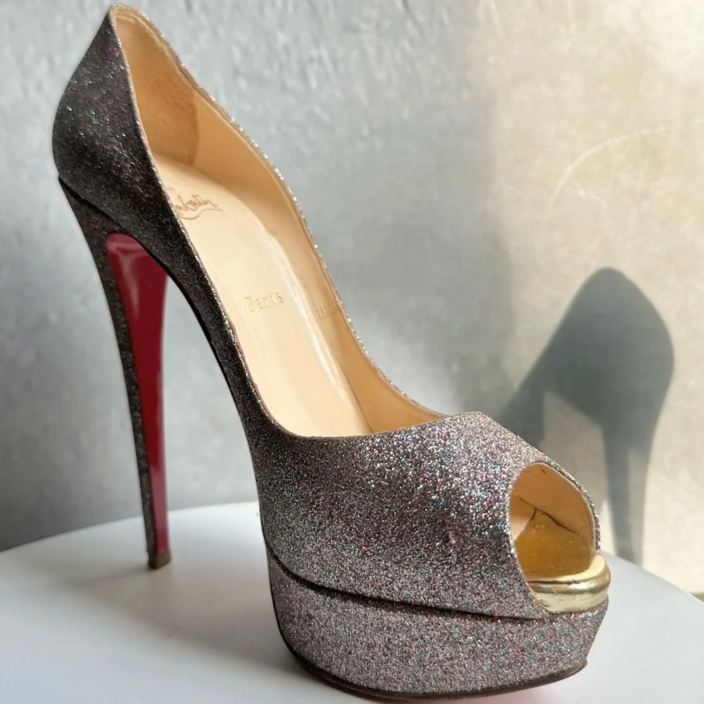 🌺 CHRISTIAN LOUBOUTIN🌺 Lady Peep 150 Glitter Pumps Size: 40 - Picture 4 of 15